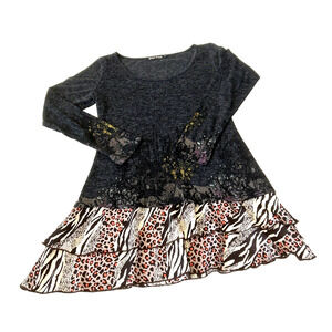 Rosa Rose Women's Dress Large Gray Print Long Sleeve Tiered Leopard Print